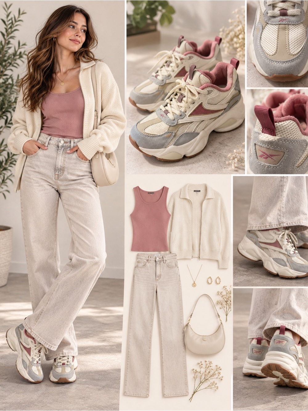 Reebok Women's Size 7.5 Cream & Pink Classic Chunky Sneaker Shoes